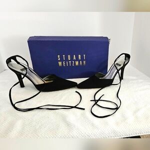 Stuart Weitzman Black G String Peau du Soie Fabric Sz 6  Ankle Ties Poin…